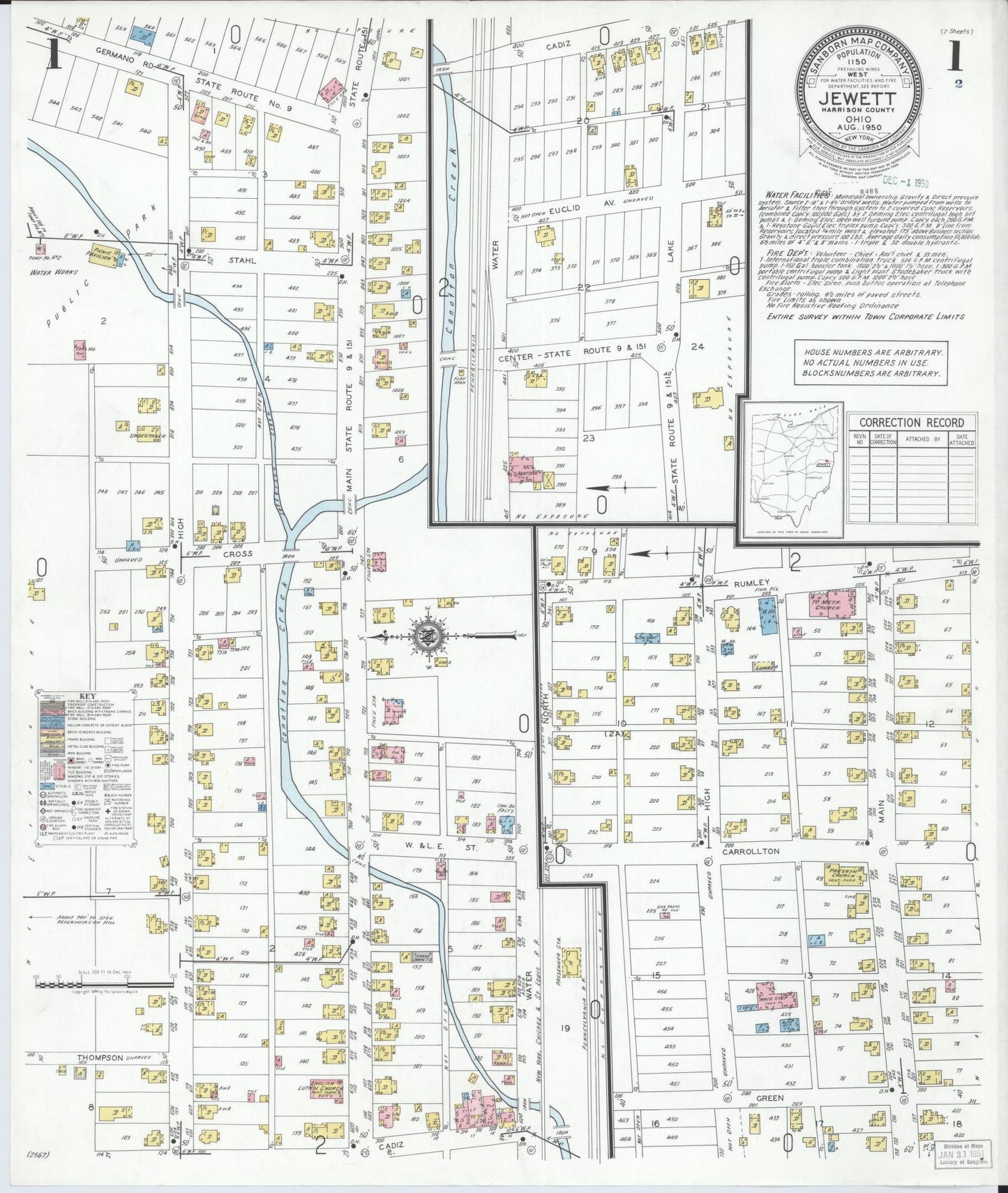 Sanborn Fire Insurance Map from Jewett, Harrison County, Ohio (1950), Sheet #0001 - Historic Sanborn Fire Insurance Map Print, vintage old map wall art, antique decor, genealogy gift, Ohio Ohio map