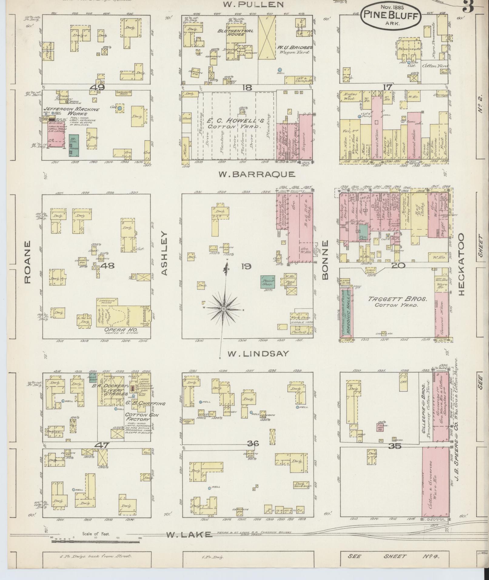 Sanborn Fire Insurance Map from Pine Bluff, Jefferson County, Arkansas (1885), Sheet #0003 - Complete Map Set gallery image, historic Sanborn map, vintage wall art, Arkansas Arkansas