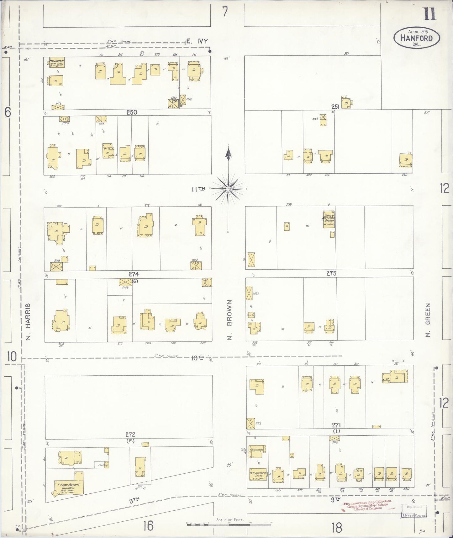 Sanborn Fire Insurance Map from Hanford, Kings County, California (1905), Sheet #0011 - Historic Sanborn Fire Insurance Map Print, vintage old map wall art, antique decor, genealogy gift, California California map
