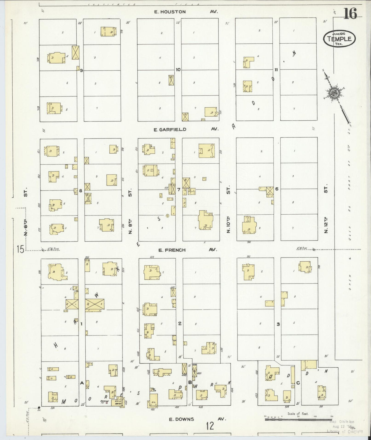 Sanborn Fire Insurance Map from Temple, Bell County, Texas (1910), Sheet #0016 - Complete Map Set gallery image, historic Sanborn map, vintage wall art, Texas Texas