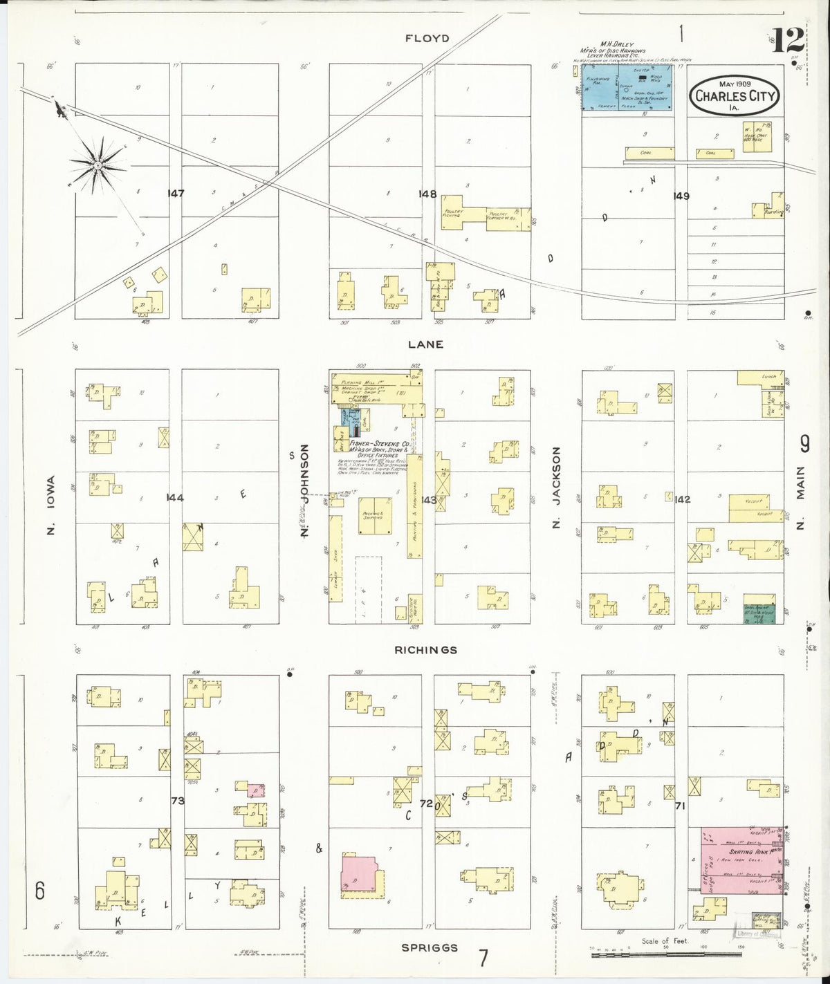 Sanborn Fire Insurance Map from Charles City, Floyd County, Iowa (1909), Sheet #0012 - Historic Sanborn Fire Insurance Map Print, vintage old map wall art