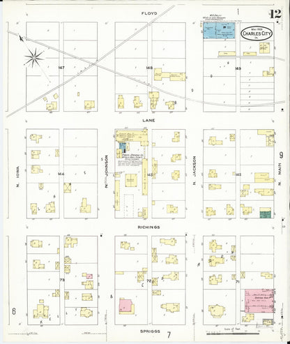 Sanborn Fire Insurance Map from Charles City, Floyd County, Iowa (1909), Sheet #0012 - Historic Sanborn Fire Insurance Map Print, vintage old map wall art