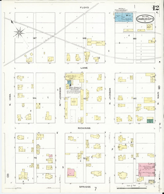 Sanborn Fire Insurance Map from Charles City, Floyd County, Iowa (1909), Sheet #0012 - Historic Sanborn Fire Insurance Map Print, vintage old map wall art