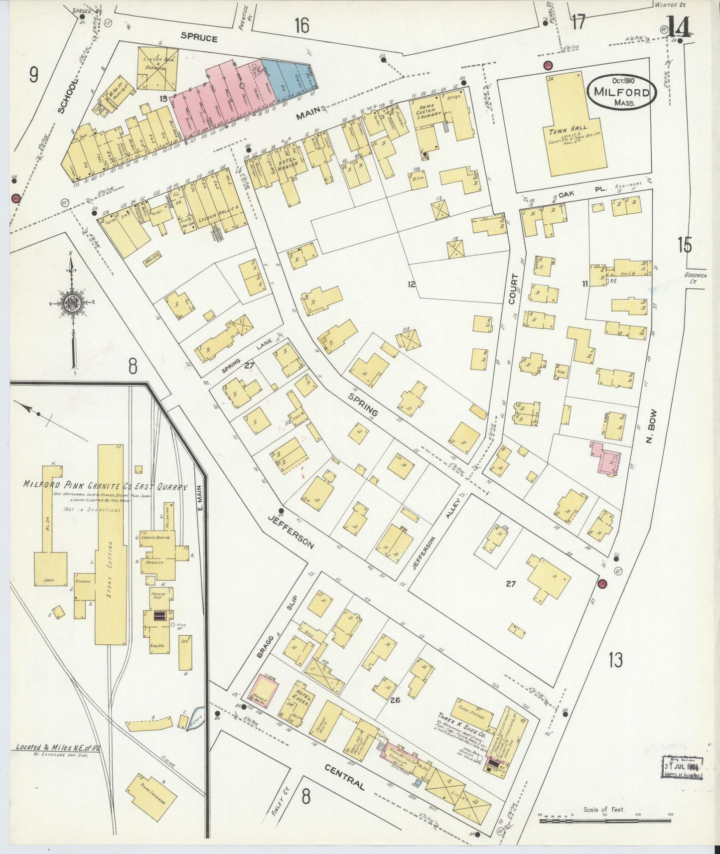 Sanborn Fire Insurance Map from Milford, Worcester County, Massachusetts (1910), Sheet #0014 - Historic Sanborn Fire Insurance Map Print, vintage old map wall art, antique decor, genealogy gift, Massachusetts Massachusetts map