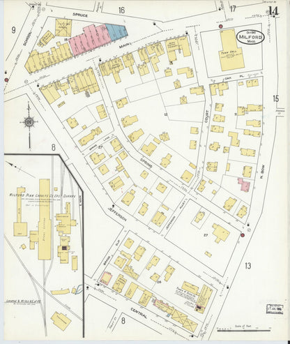 Sanborn Fire Insurance Map from Milford, Worcester County, Massachusetts (1910), Sheet #0014 - Historic Sanborn Fire Insurance Map Print, vintage old map wall art, antique decor, genealogy gift, Massachusetts Massachusetts map