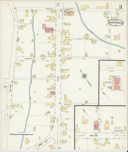 Sanborn Fire Insurance Map from Christiansburg, Montgomery County, Virginia (1913), Sheet #0003 - Historic Sanborn Fire Insurance Map Print, vintage old map wall art, antique decor, genealogy gift, Virginia Virginia map