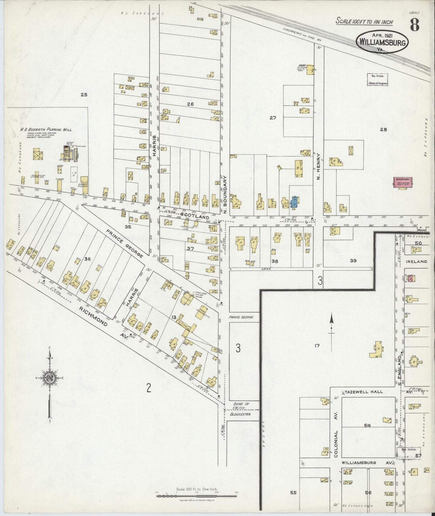 Sanborn Fire Insurance Map from Williamsburg, Independent Cities, Virginia (1921), Sheet #0008 - Complete Map Set gallery image, historic Sanborn map, vintage wall art, Virginia Virginia