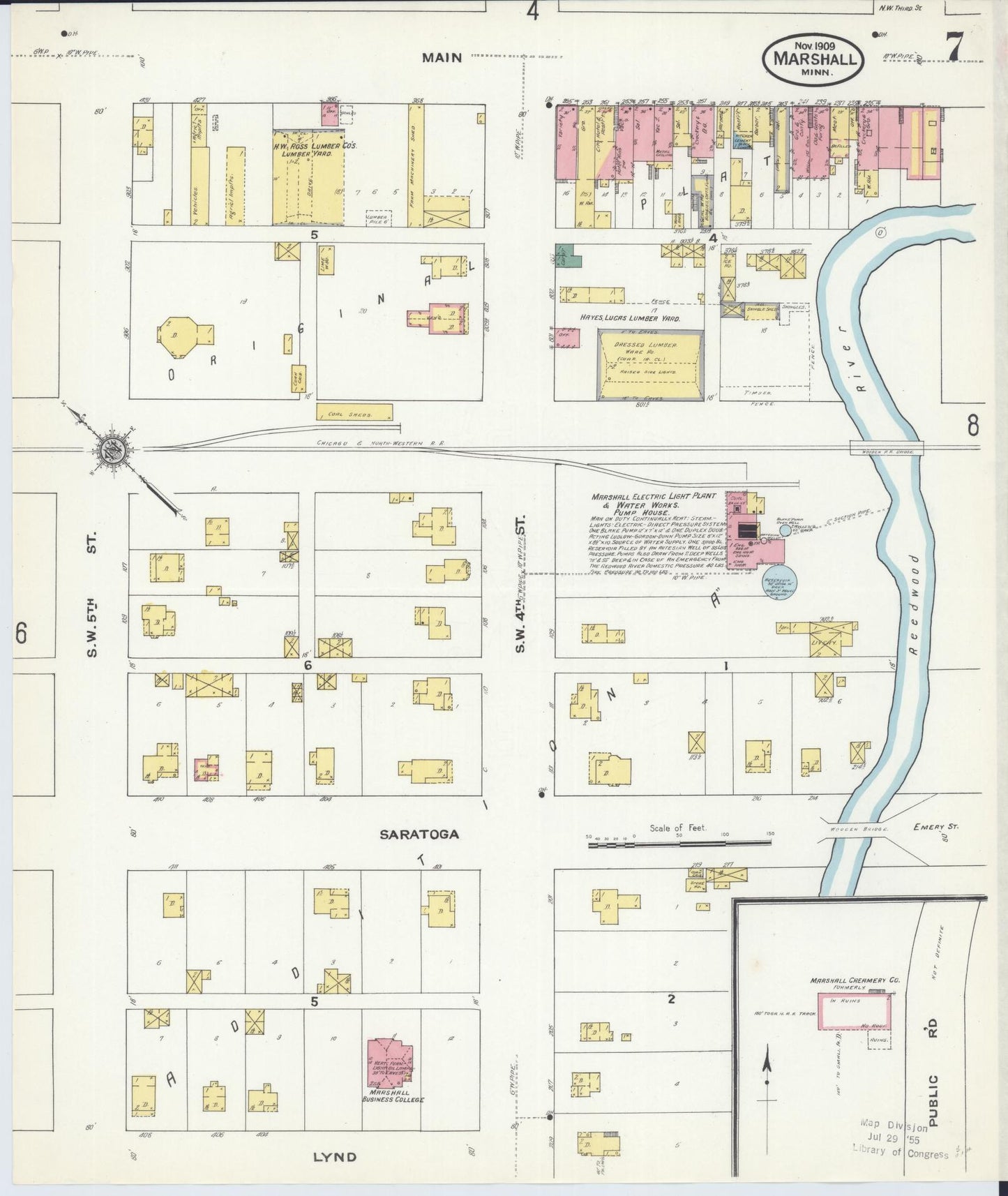 Sanborn Fire Insurance Map from Marshall, Lyon County, Minnesota (1909), Sheet #0007 - Complete Map Set gallery image, historic Sanborn map, vintage wall art, Minnesota Minnesota