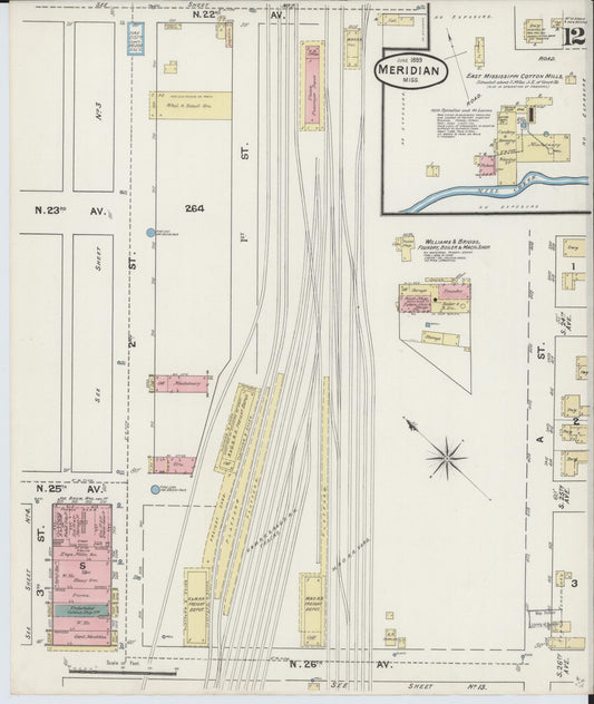 Sanborn Fire Insurance Map from Meridian, Lauderdale County, Mississippi (1889), Sheet #0012 - Historic Sanborn Fire Insurance Map Print, vintage old map wall art, antique decor, genealogy gift, Mississippi Mississippi map
