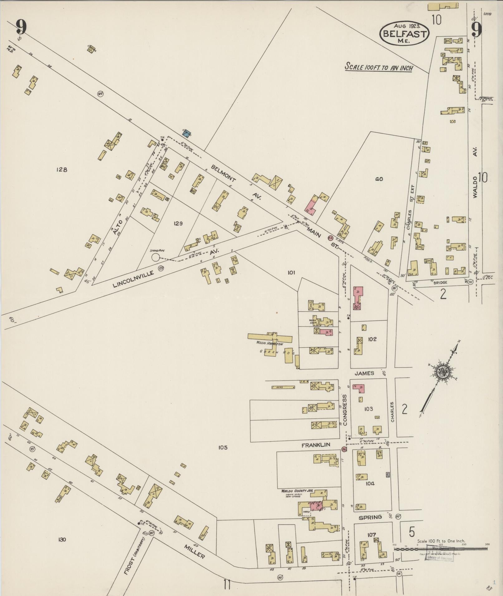 Sanborn Fire Insurance Map from Belfast, Waldo County, Maine (1923), Sheet #0009 - Complete Map Set gallery image, historic Sanborn map, vintage wall art, Maine Maine