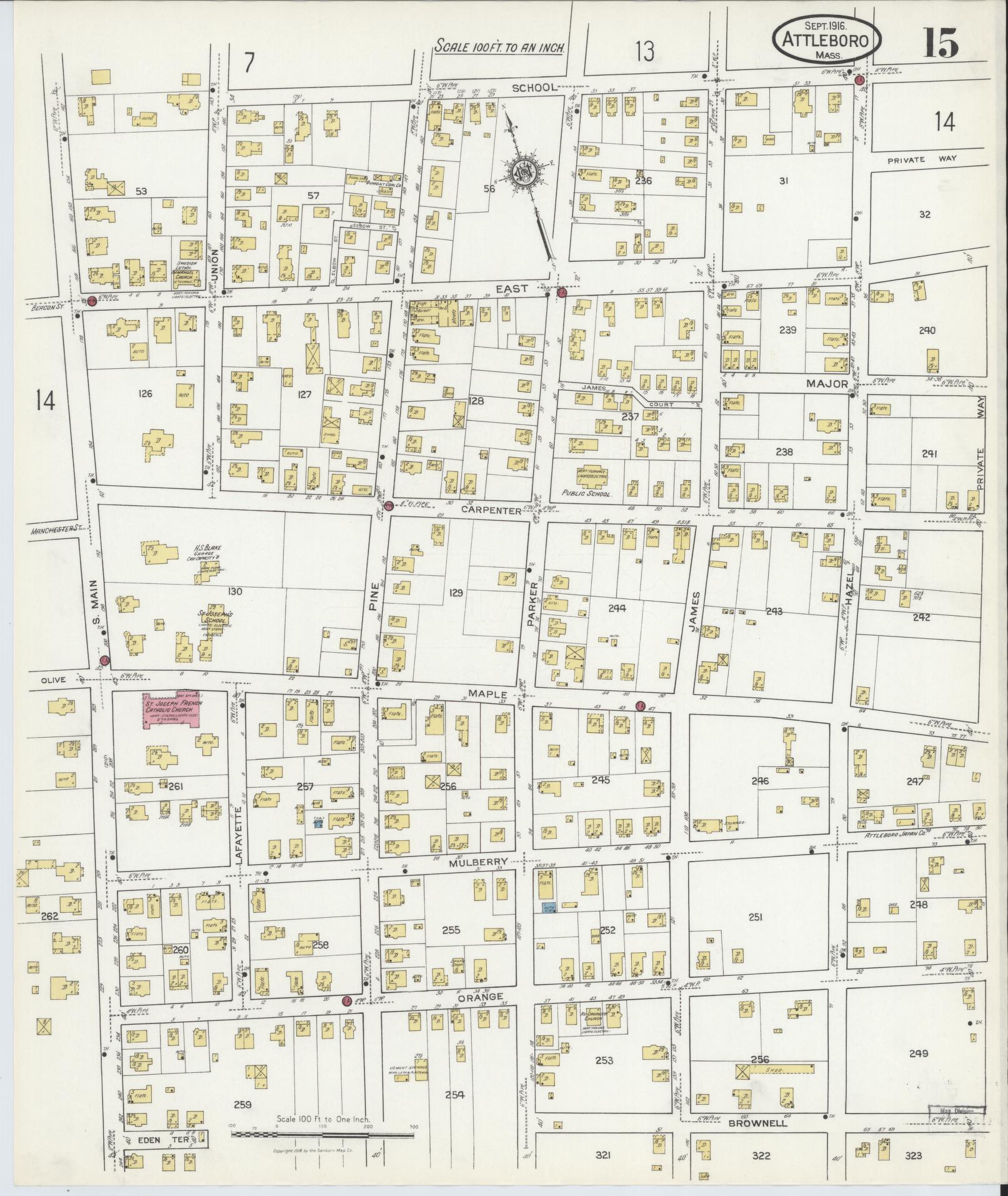 Sanborn Fire Insurance Map from Attleboro, Bristol County, Massachusetts (1916), Sheet #0015 - Historic Sanborn Fire Insurance Map Print, vintage old map wall art, antique decor, genealogy gift, Massachusetts Massachusetts map