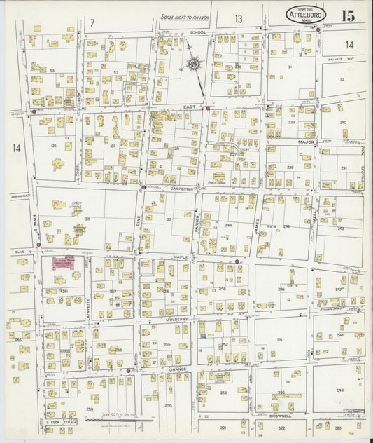 Sanborn Fire Insurance Map from Attleboro, Bristol County, Massachusetts (1916), Sheet #0015 - Historic Sanborn Fire Insurance Map Print, vintage old map wall art, antique decor, genealogy gift, Massachusetts Massachusetts map