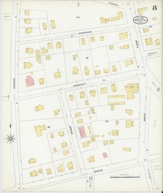 Sanborn Fire Insurance Map from Bristol, Hartford County, Connecticut (1905), Sheet #0008 - Historic Sanborn Fire Insurance Map Print, vintage old map wall art, antique decor, genealogy gift, Connecticut Connecticut map