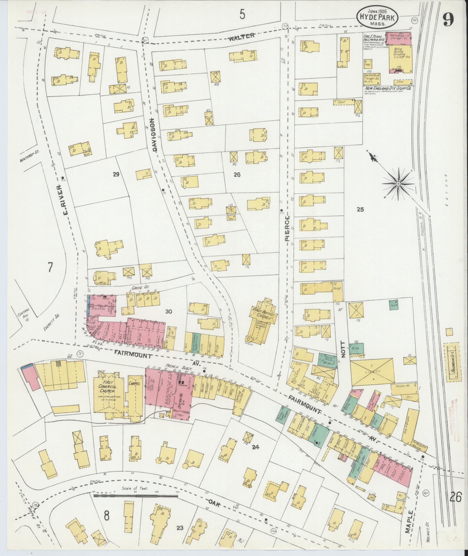Sanborn Fire Insurance Map from Hyde Park, Norfolk County, Massachusetts (1905), Sheet #0009 - Historic Sanborn Fire Insurance Map Print, vintage old map wall art, antique decor, genealogy gift, Massachusetts Massachusetts map
