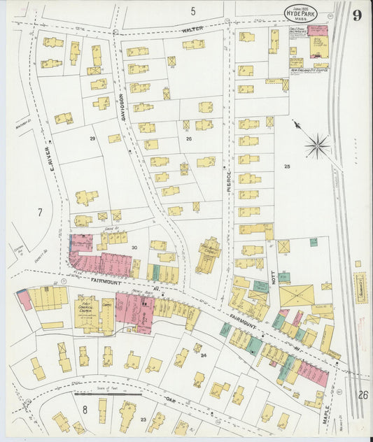 Sanborn Fire Insurance Map from Hyde Park, Norfolk County, Massachusetts (1905), Sheet #0009 - Historic Sanborn Fire Insurance Map Print, vintage old map wall art, antique decor, genealogy gift, Massachusetts Massachusetts map
