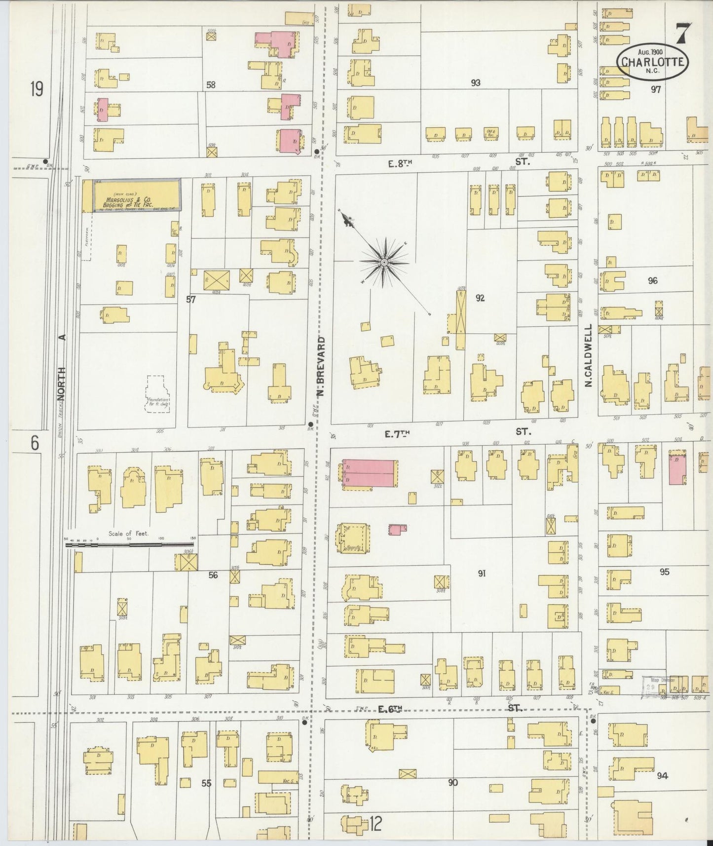 Sanborn Fire Insurance Map from Charlotte, Mecklenburg County, North Carolina (1900), Sheet #0007 - Complete Map Set gallery image, historic Sanborn map, vintage wall art, North Carolina North Carolina