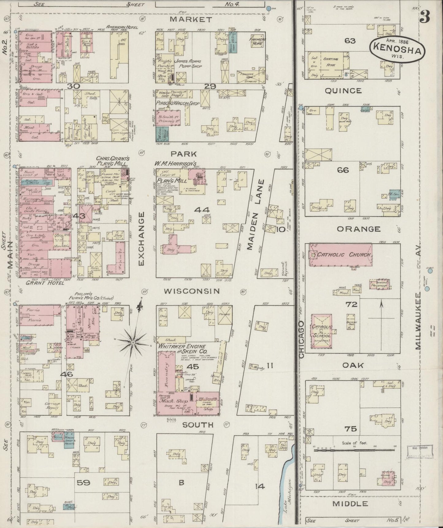 Sanborn Fire Insurance Map from Kenosha, Kenosha County, Wisconsin (1886), Sheet #0003 - Complete Map Set gallery image, historic Sanborn map, vintage wall art, Wisconsin Wisconsin