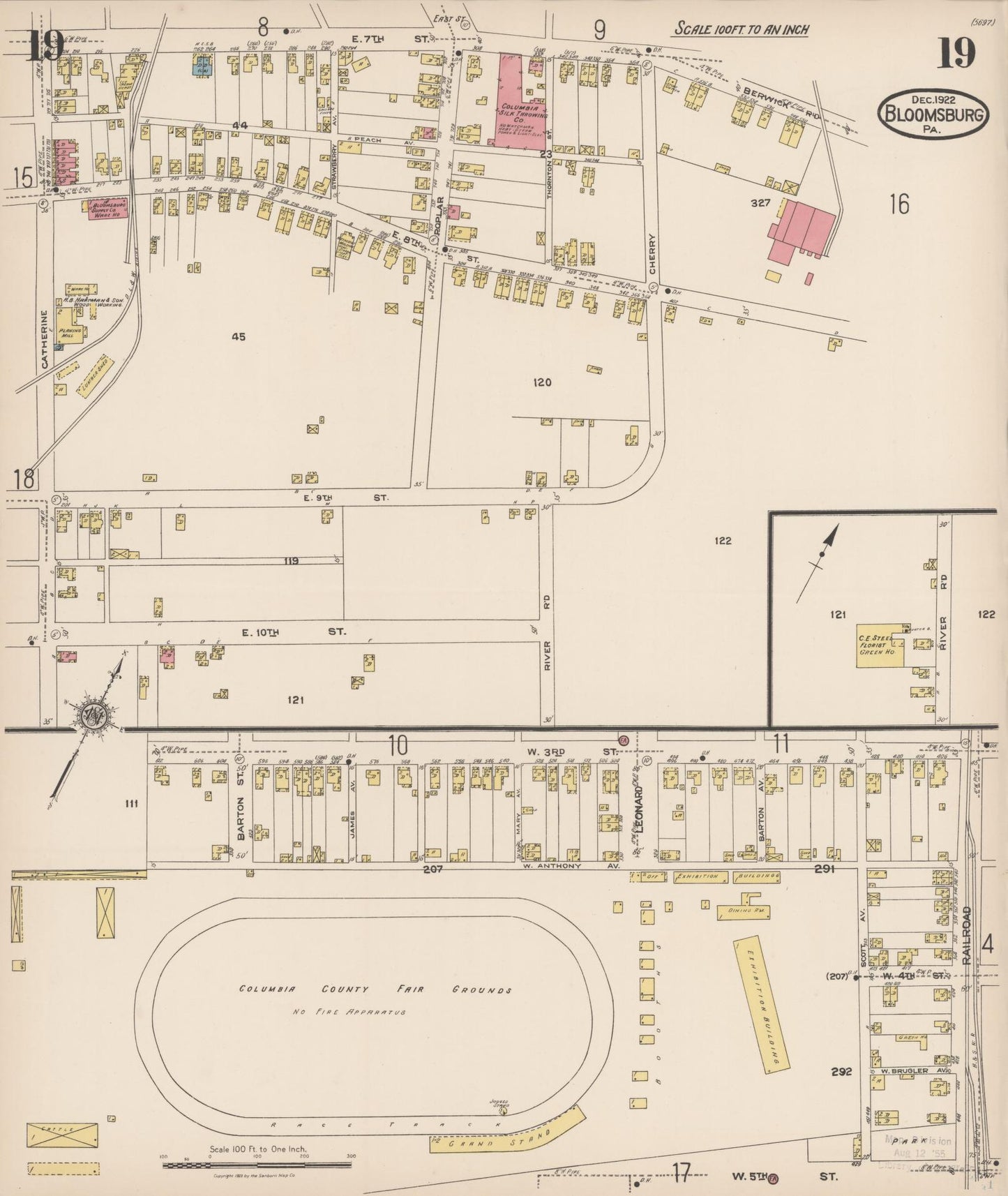 Sanborn Fire Insurance Map from Bloomsburg, Columbia County, Pennsylvania (1922), Sheet #0019 - Historic Sanborn Fire Insurance Map Print, vintage old map wall art, antique decor, genealogy gift, Pennsylvania Pennsylvania map