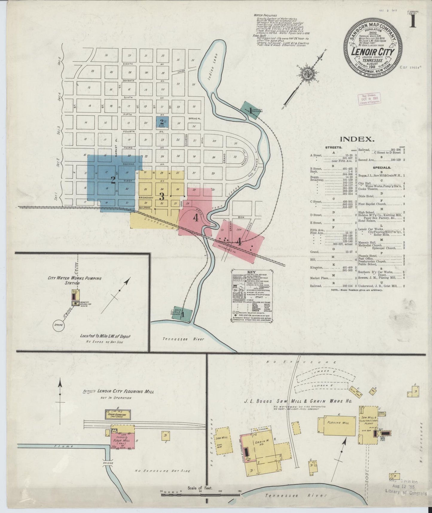 Sanborn Fire Insurance Map from Lenoir City, Loudon County, Tennessee (1911), Sheet #0001 - Complete Map Set gallery image, historic Sanborn map, vintage wall art, Tennessee Tennessee