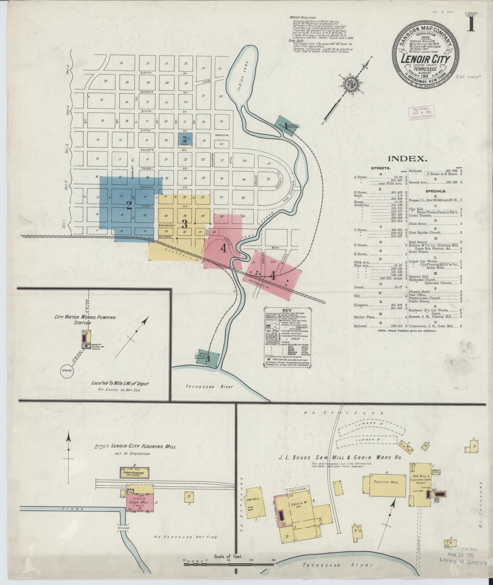 Sanborn Fire Insurance Map from Lenoir City, Loudon County, Tennessee (1911), Sheet #0001 - Complete Map Set gallery image, historic Sanborn map, vintage wall art, Tennessee Tennessee