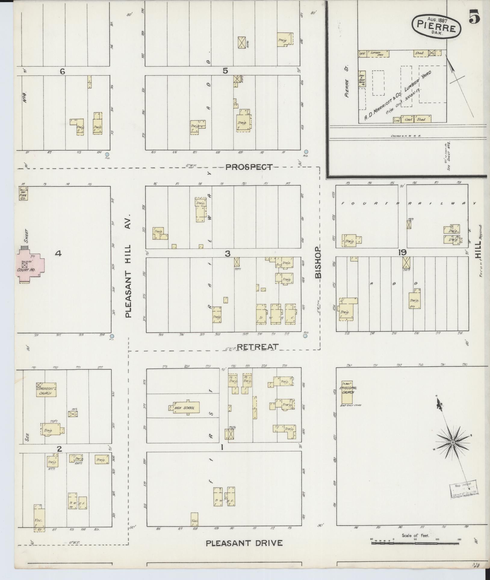 Sanborn Fire Insurance Map from Pierre, Hughes County, South Dakota (1887), Sheet #0005 - Historic Sanborn Fire Insurance Map Print, vintage old map wall art, antique decor, genealogy gift, South Dakota South Dakota map