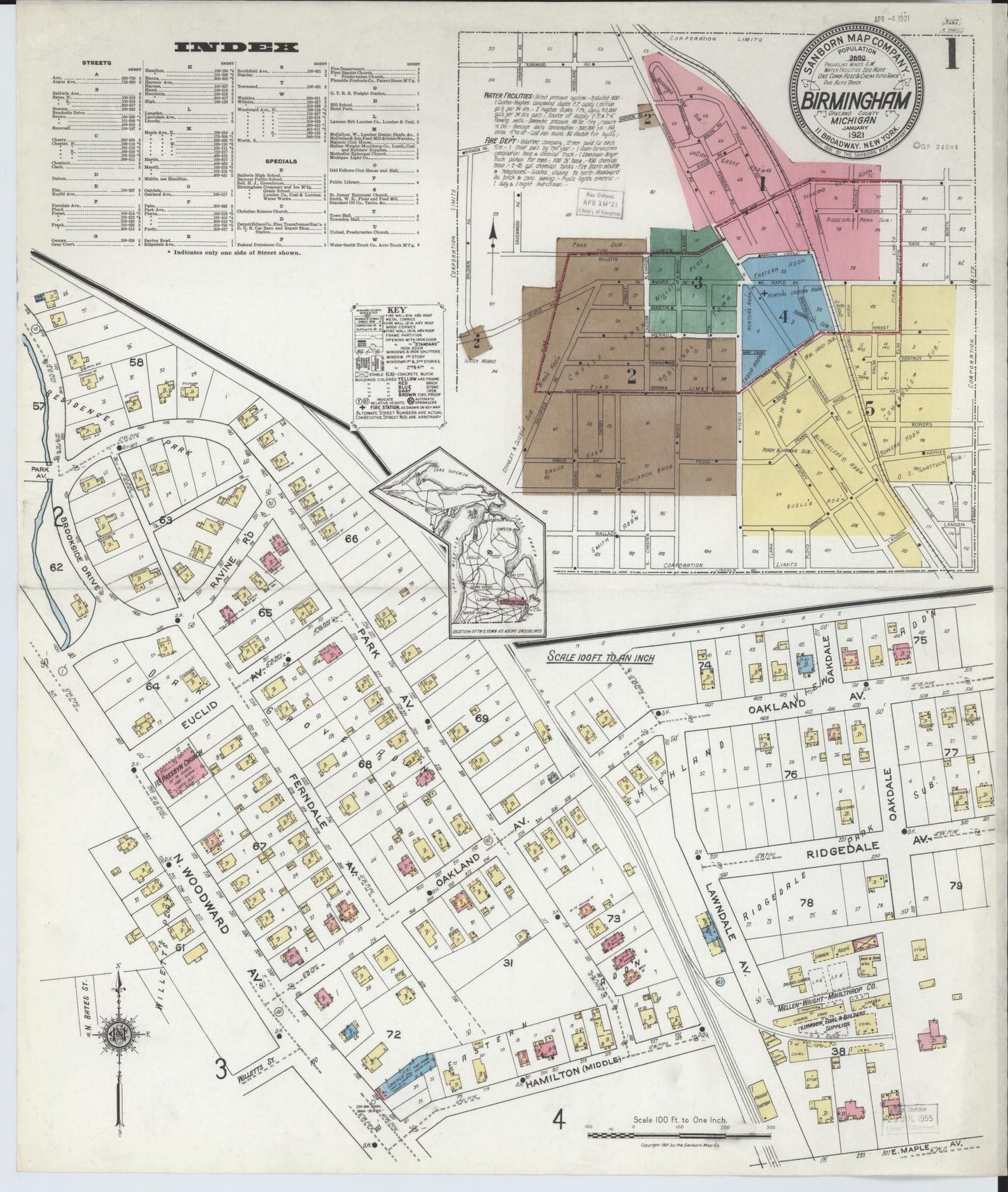 Sanborn Fire Insurance Map from Birmingham, Oakland County, Michigan (1921), Sheet #0001 - Complete Map Set gallery image, historic Sanborn map, vintage wall art, Michigan Michigan