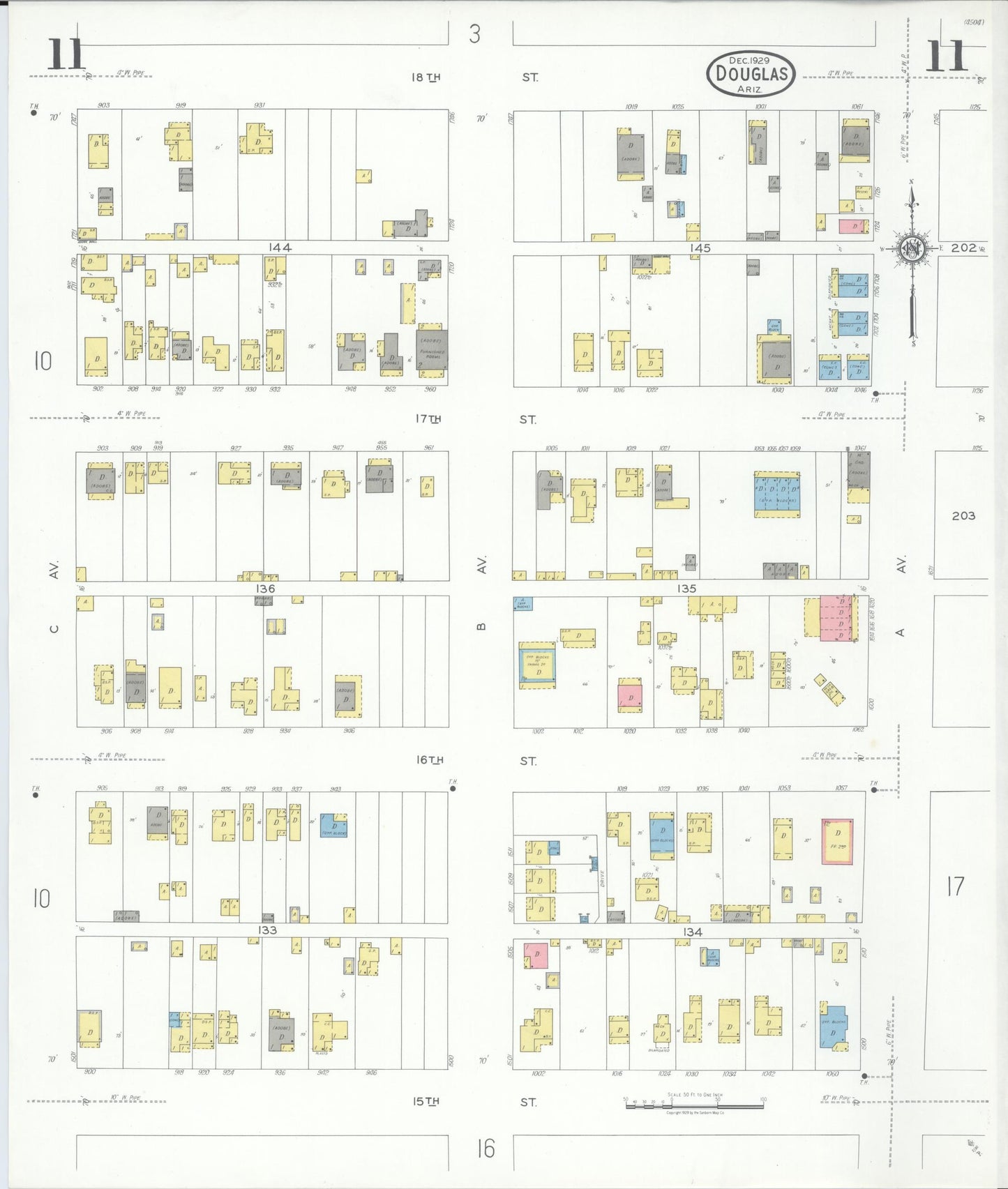 Sanborn Fire Insurance Map from Douglas, Cochise County, Arizona (1929), Sheet #0011 - Complete Map Set gallery image, historic Sanborn map, vintage wall art, Arizona Arizona