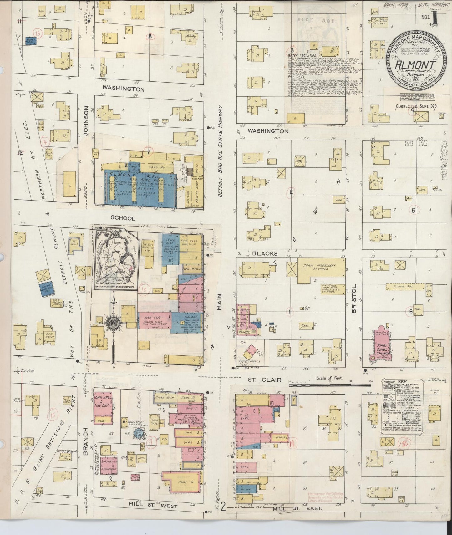 Sanborn Fire Insurance Map from Almont, Lapeer County, Michigan (1929), Sheet #0001 - Historic Sanborn Fire Insurance Map Print, vintage old map wall art, antique decor, genealogy gift, Michigan Michigan map