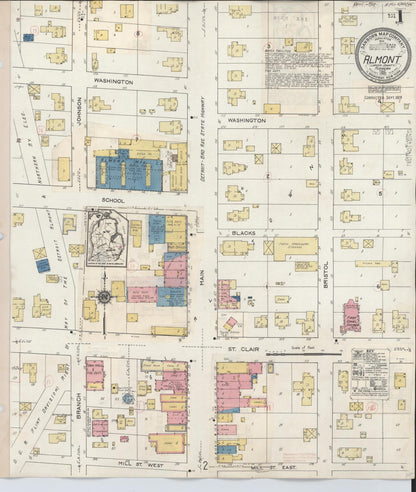 Sanborn Fire Insurance Map from Almont, Lapeer County, Michigan (1929), Sheet #0001 - Historic Sanborn Fire Insurance Map Print, vintage old map wall art, antique decor, genealogy gift, Michigan Michigan map