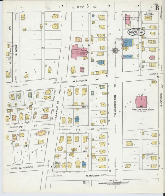 Sanborn Fire Insurance Map from Royal Oak, Oakland County, Michigan (1921), Sheet #0008 - Historic Sanborn Fire Insurance Map Print, vintage old map wall art, antique decor, genealogy gift, Michigan Michigan map