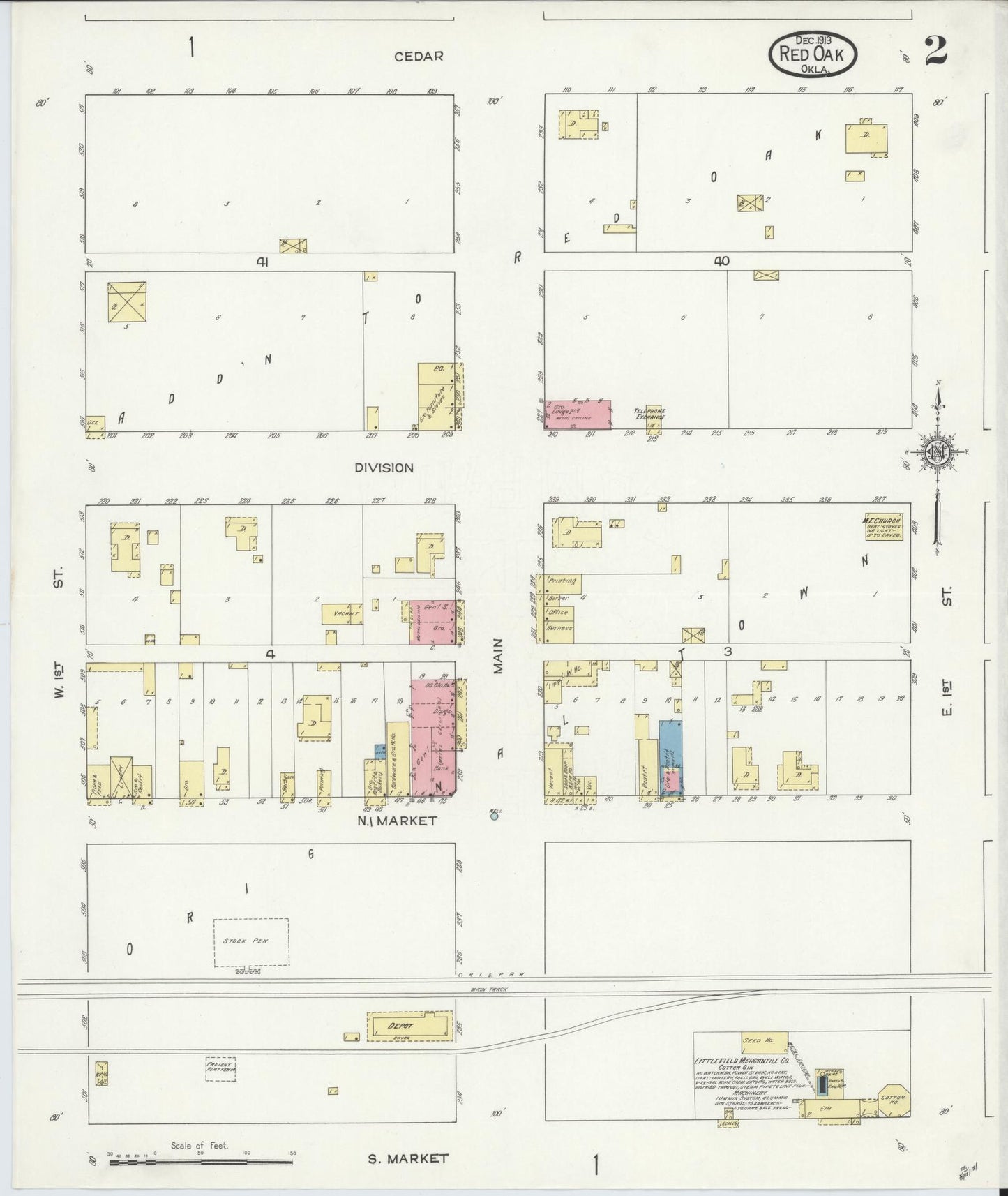 Sanborn Fire Insurance Map from Red Oak, Latimer County, Oklahoma (1913), Sheet #0002 - Complete Map Set gallery image, historic Sanborn map, vintage wall art, Oklahoma Oklahoma