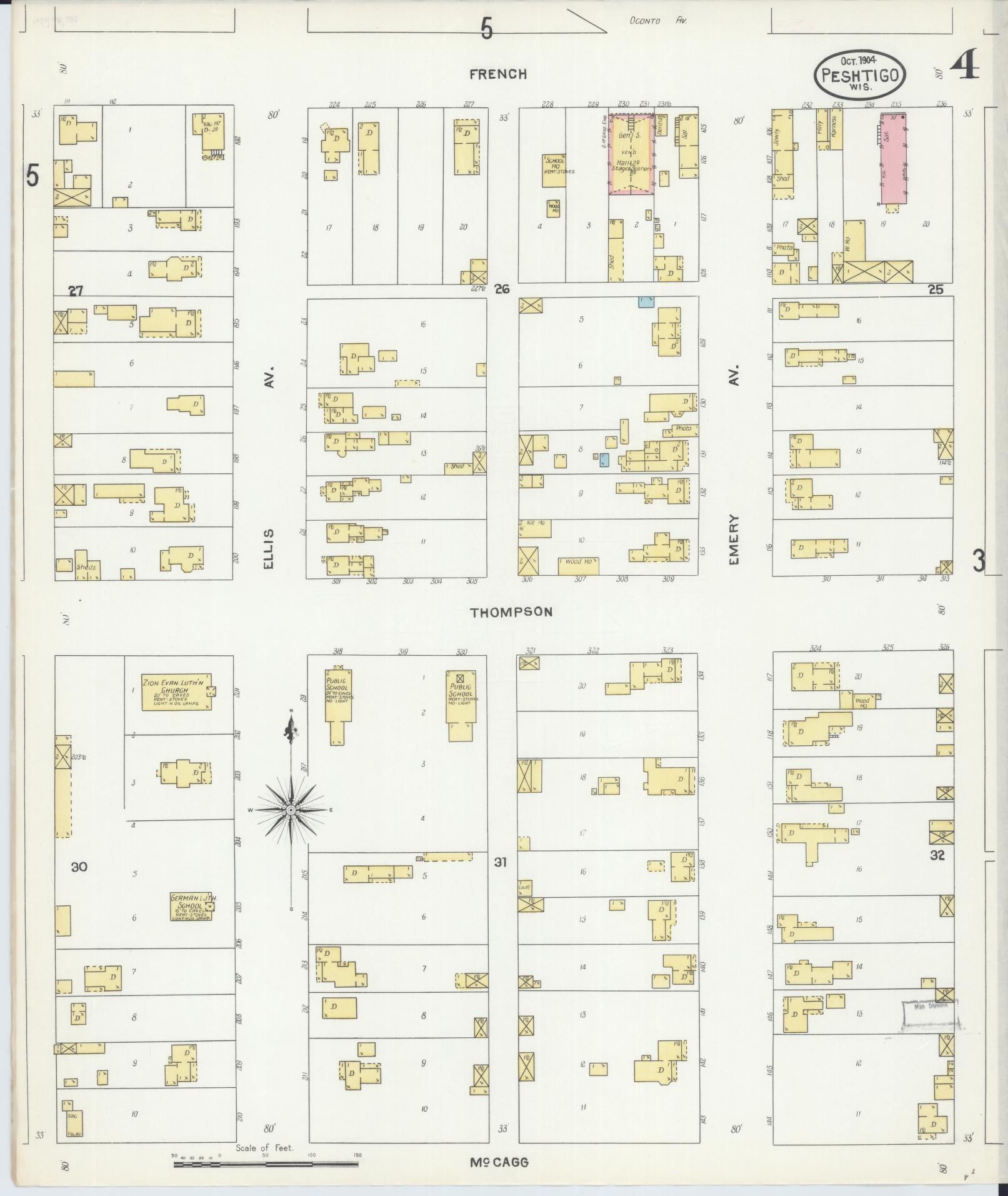 Sanborn Fire Insurance Map from Peshtigo, Marinette County, Wisconsin (1904), Sheet #0004 - Historic Sanborn Fire Insurance Map Print, vintage old map wall art, antique decor, genealogy gift, Wisconsin Wisconsin map