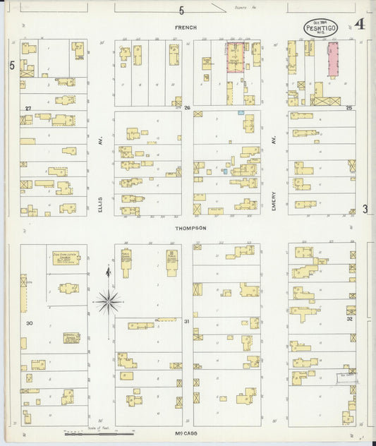 Sanborn Fire Insurance Map from Peshtigo, Marinette County, Wisconsin (1904), Sheet #0004 - Historic Sanborn Fire Insurance Map Print, vintage old map wall art, antique decor, genealogy gift, Wisconsin Wisconsin map