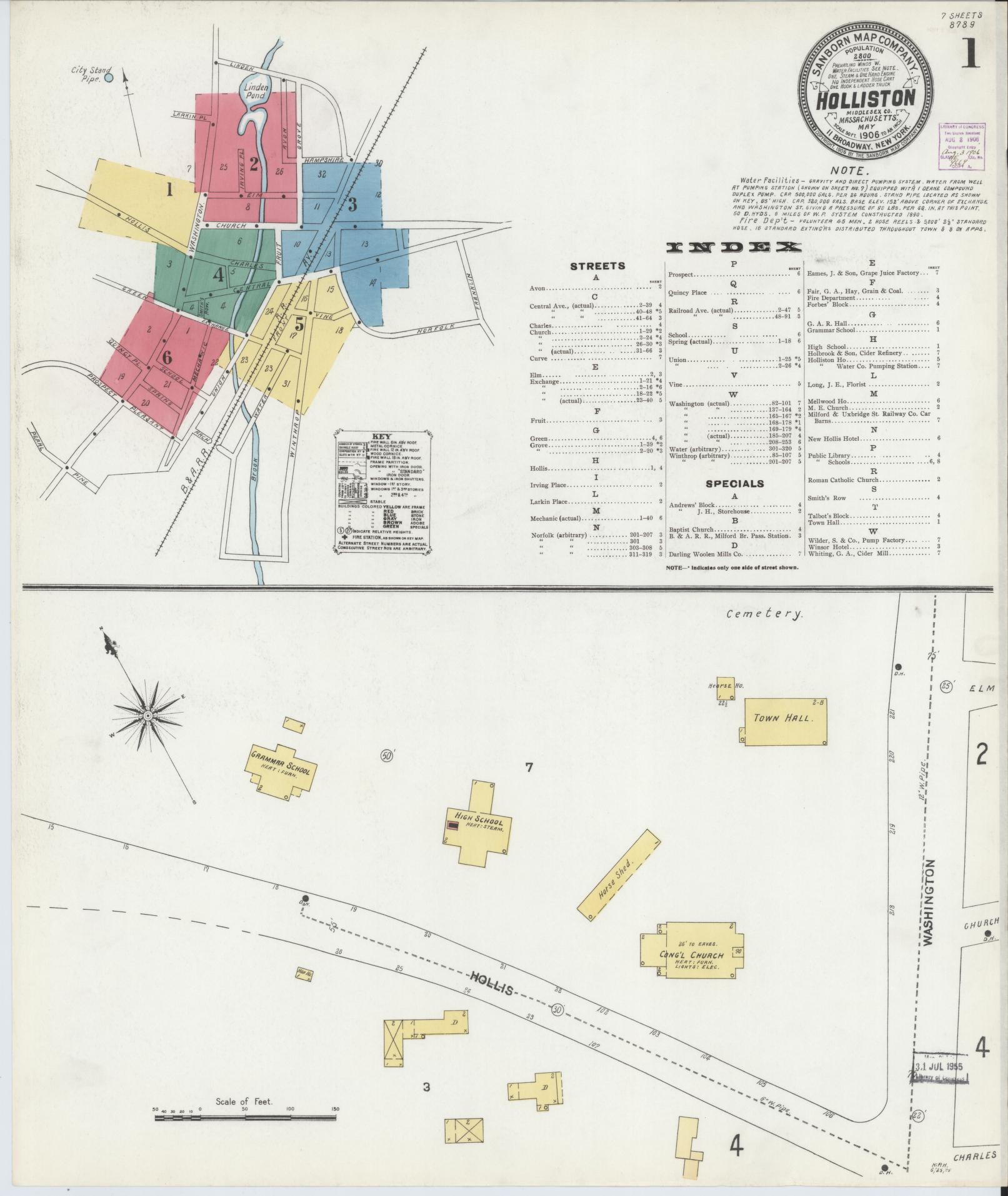 Sanborn Fire Insurance Map from Holliston, Middlesex County, Massachusetts (1906), Sheet #0001 - Complete Map Set gallery image, historic Sanborn map, vintage wall art, Massachusetts Massachusetts