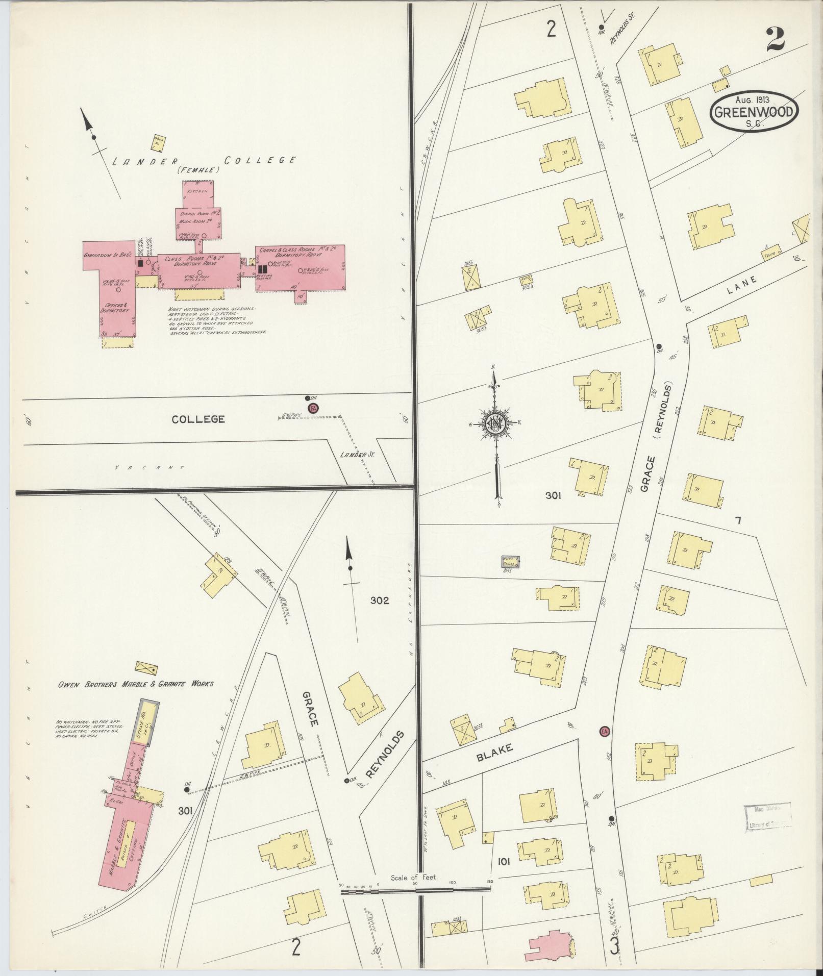 Sanborn Fire Insurance Map from Greenwood, Greenwood County, South Carolina (1913), Sheet #0002 - Historic Sanborn Fire Insurance Map Print, vintage old map wall art, antique decor, genealogy gift, South Carolina South Carolina map
