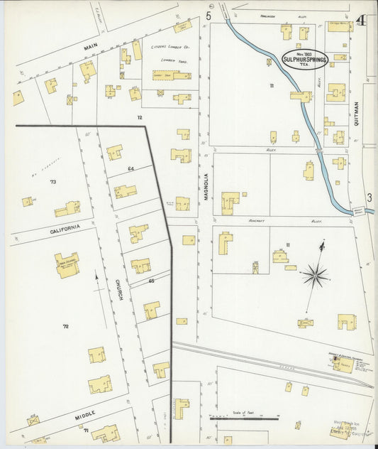 Sanborn Fire Insurance Map from Sulphur Springs, Hopkins County, Texas (1903), Sheet #0004 - Historic Sanborn Fire Insurance Map Print, vintage old map wall art, antique decor, genealogy gift, Texas Texas map