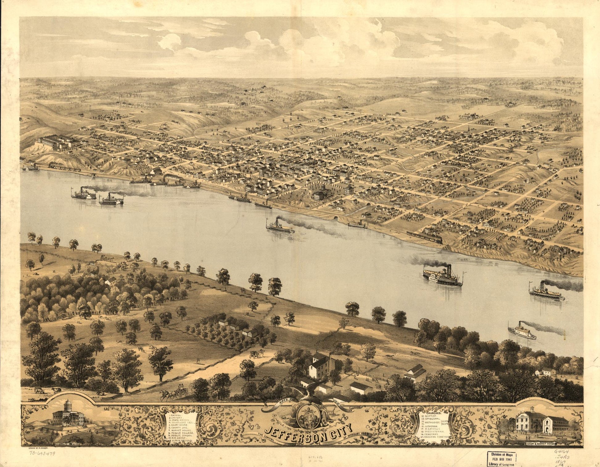 Bird's eye view of Jefferson City, the capitol of Missouri 1869. (1869) – Historic Bird’s-Eye View Panorama Print