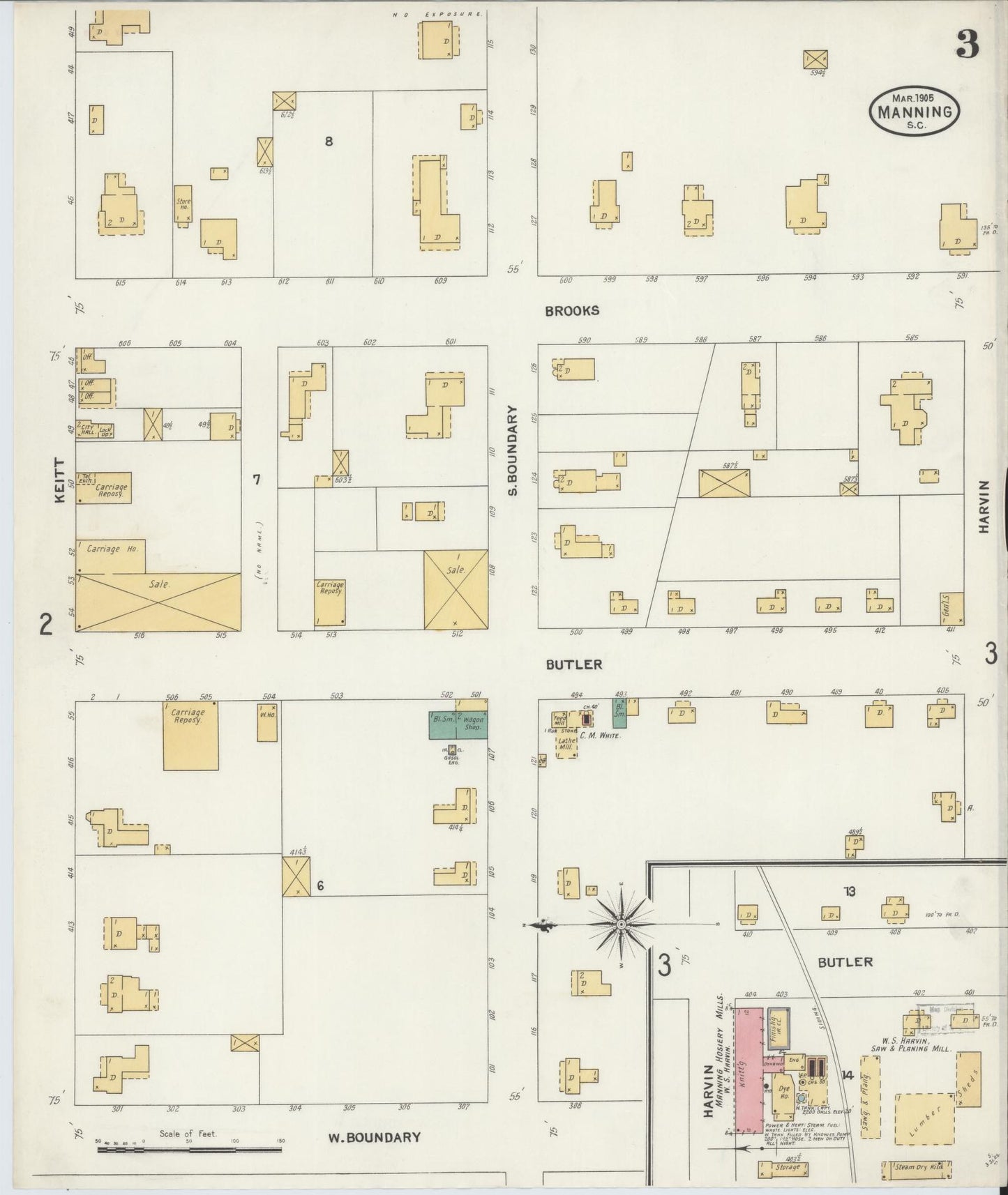 Sanborn Fire Insurance Map from Manning, Clarendon County, South Carolina (1905), Sheet #0003 - Complete Map Set gallery image, historic Sanborn map, vintage wall art, South Carolina South Carolina