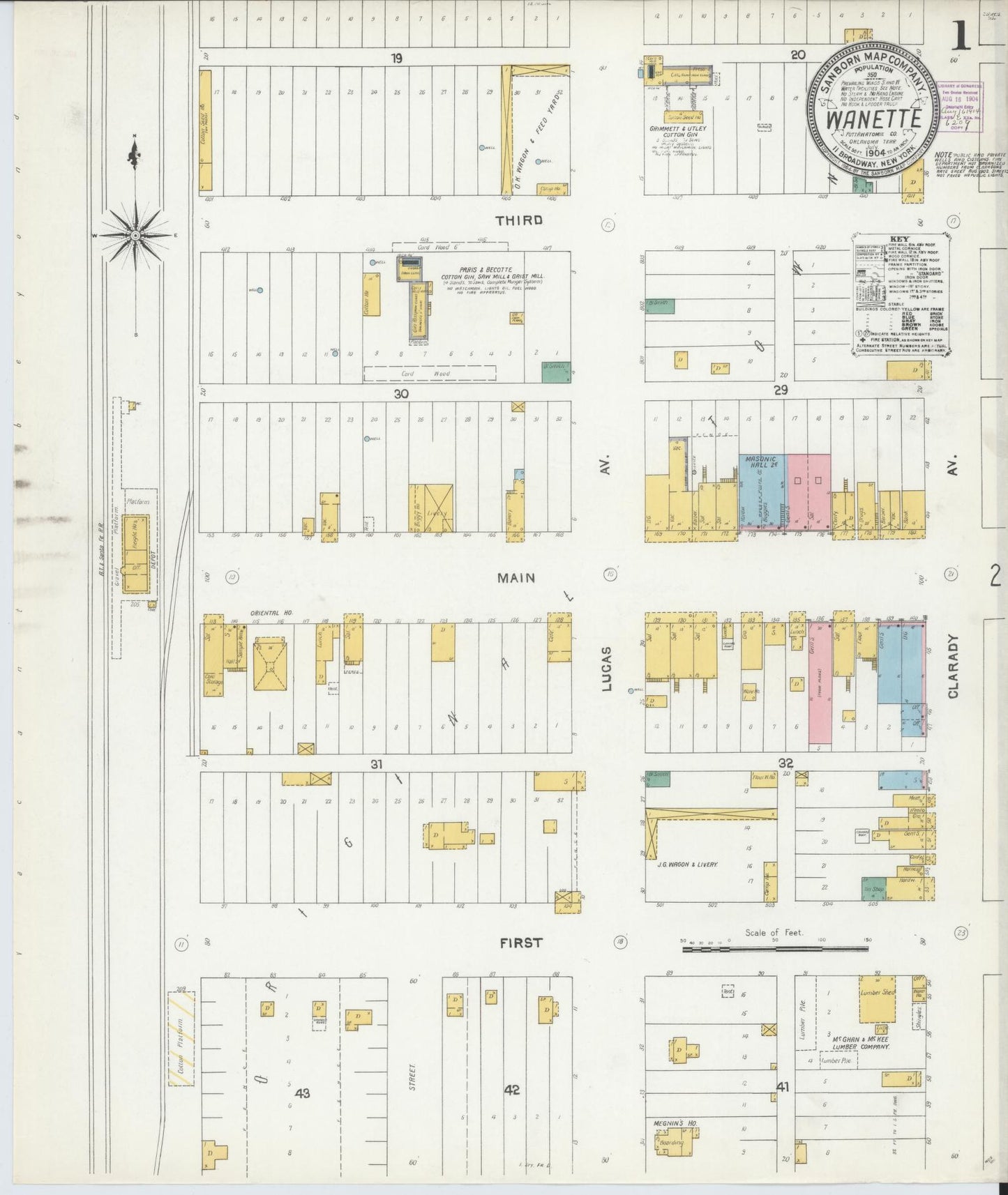 Sanborn Fire Insurance Map from Wanette, Pottawatomie County, Oklahoma (1904), Sheet #0001 - Historic Sanborn Fire Insurance Map Print, vintage old map wall art, antique decor, genealogy gift, Oklahoma Oklahoma map