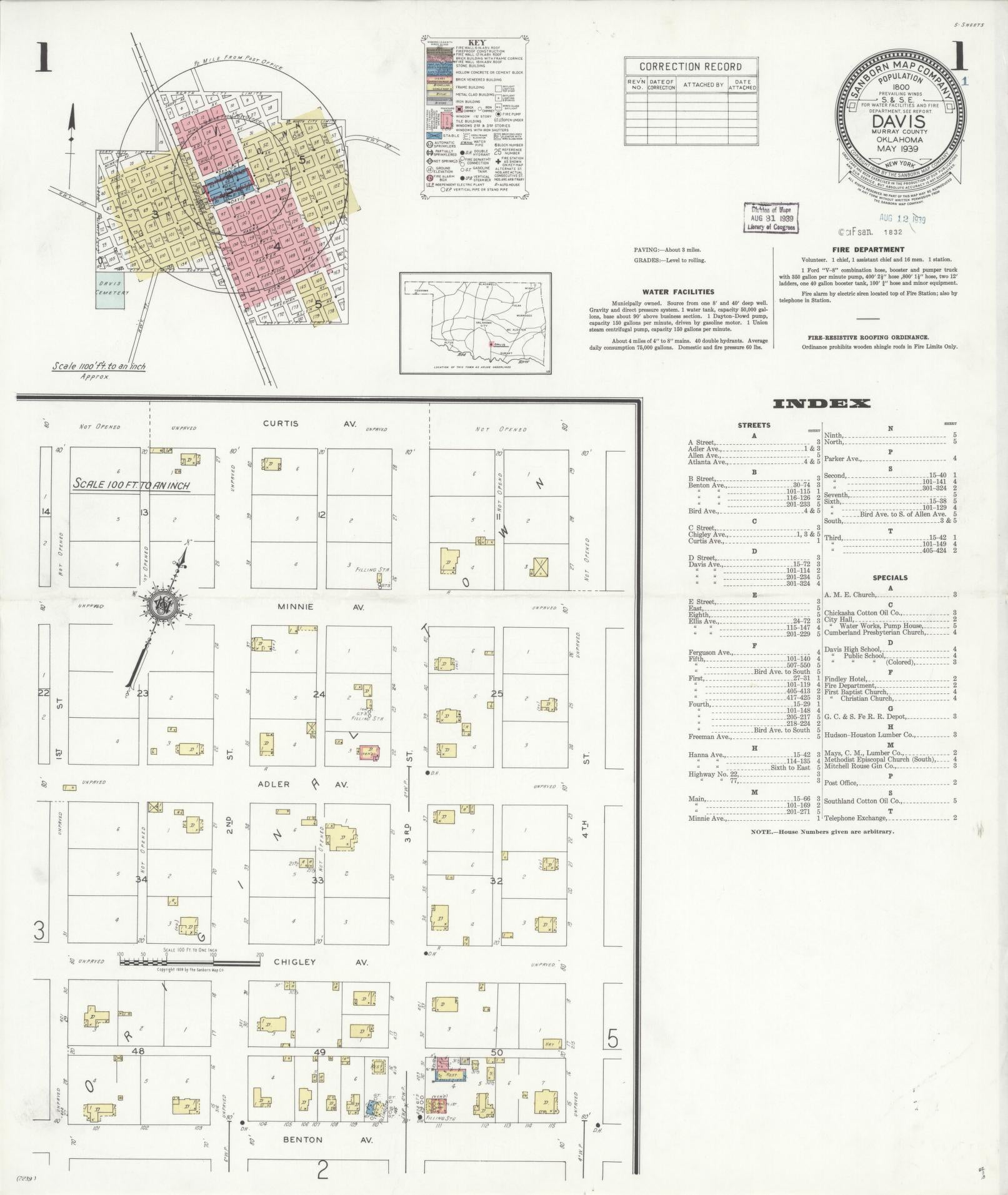 Sanborn Fire Insurance Map from Davis, Murray County, Oklahoma (1939), Sheet #0001 - Historic Sanborn Fire Insurance Map Print, vintage old map wall art, antique decor, genealogy gift, Oklahoma Oklahoma map