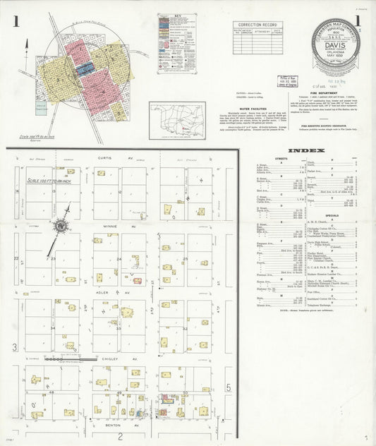 Sanborn Fire Insurance Map from Davis, Murray County, Oklahoma (1939), Sheet #0001 - Historic Sanborn Fire Insurance Map Print, vintage old map wall art, antique decor, genealogy gift, Oklahoma Oklahoma map