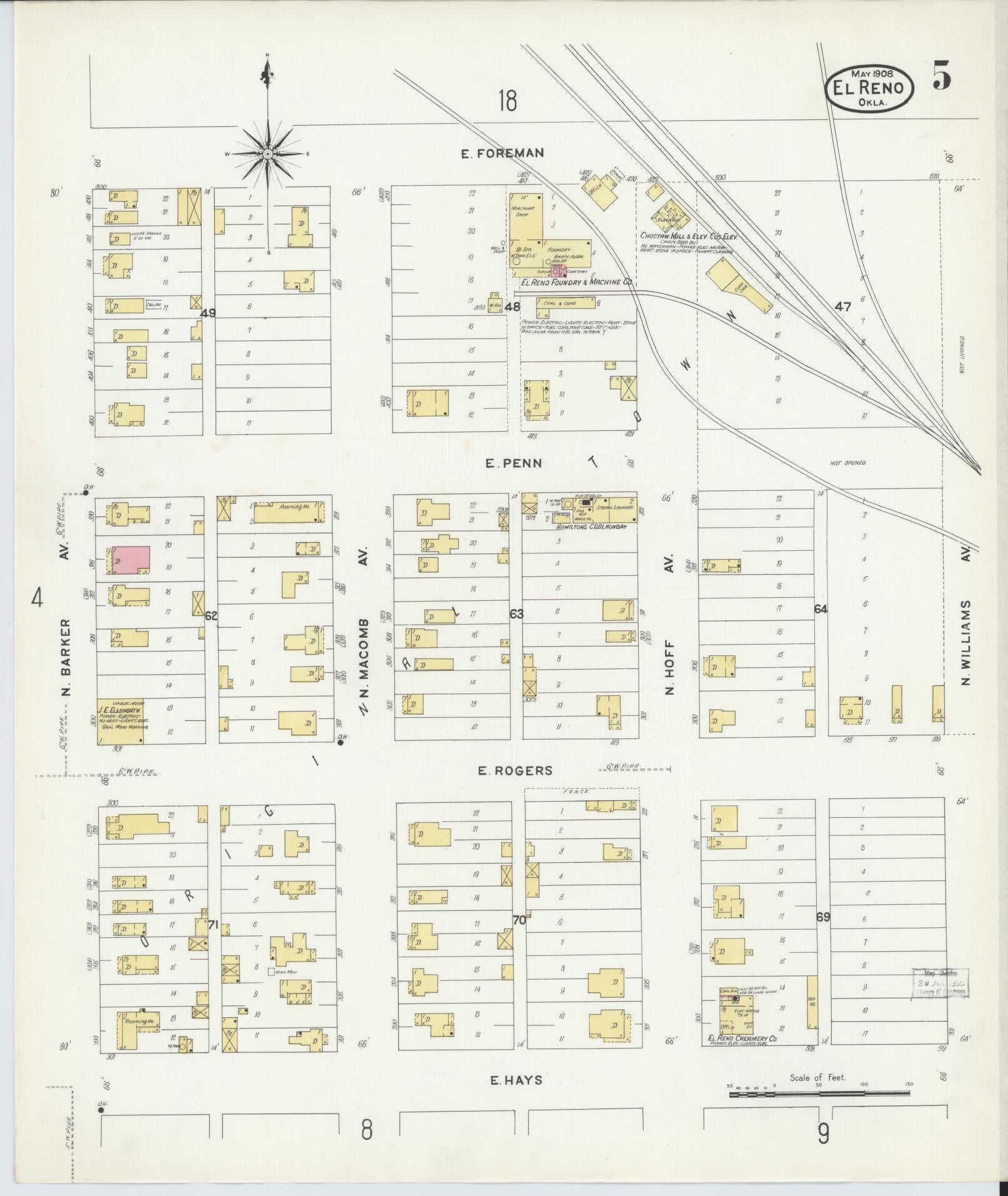 Sanborn Fire Insurance Map from El Reno, Canadian County, Oklahoma (1908), Sheet #0005 - Complete Map Set gallery image, historic Sanborn map, vintage wall art, Oklahoma Oklahoma