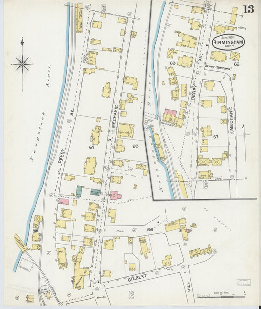 Sanborn Fire Insurance Map from Birmingham, New Haven County, Connecticut (1892), Sheet #0013 - Historic Sanborn Fire Insurance Map Print, vintage old map wall art, antique decor, genealogy gift, Connecticut Connecticut map