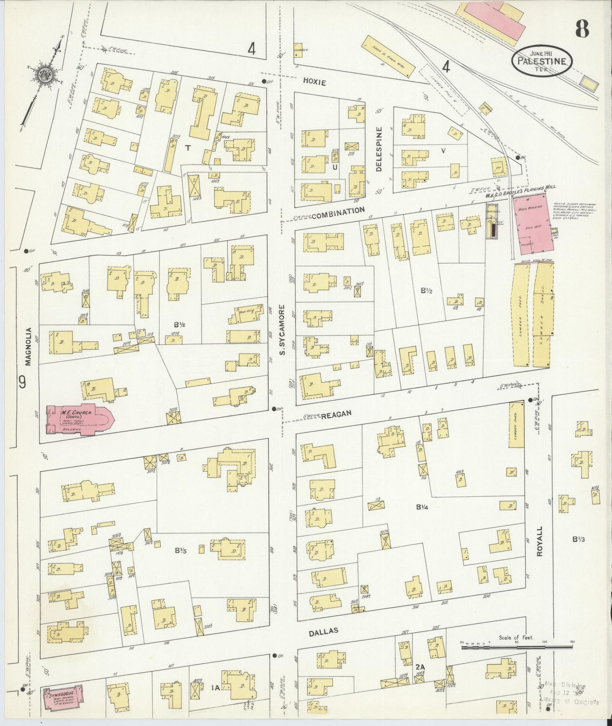 Sanborn Fire Insurance Map from Palestine, Anderson County, Texas (1911), Sheet #0008 - Historic Sanborn Fire Insurance Map Print, vintage old map wall art, antique decor, genealogy gift, Texas Texas map