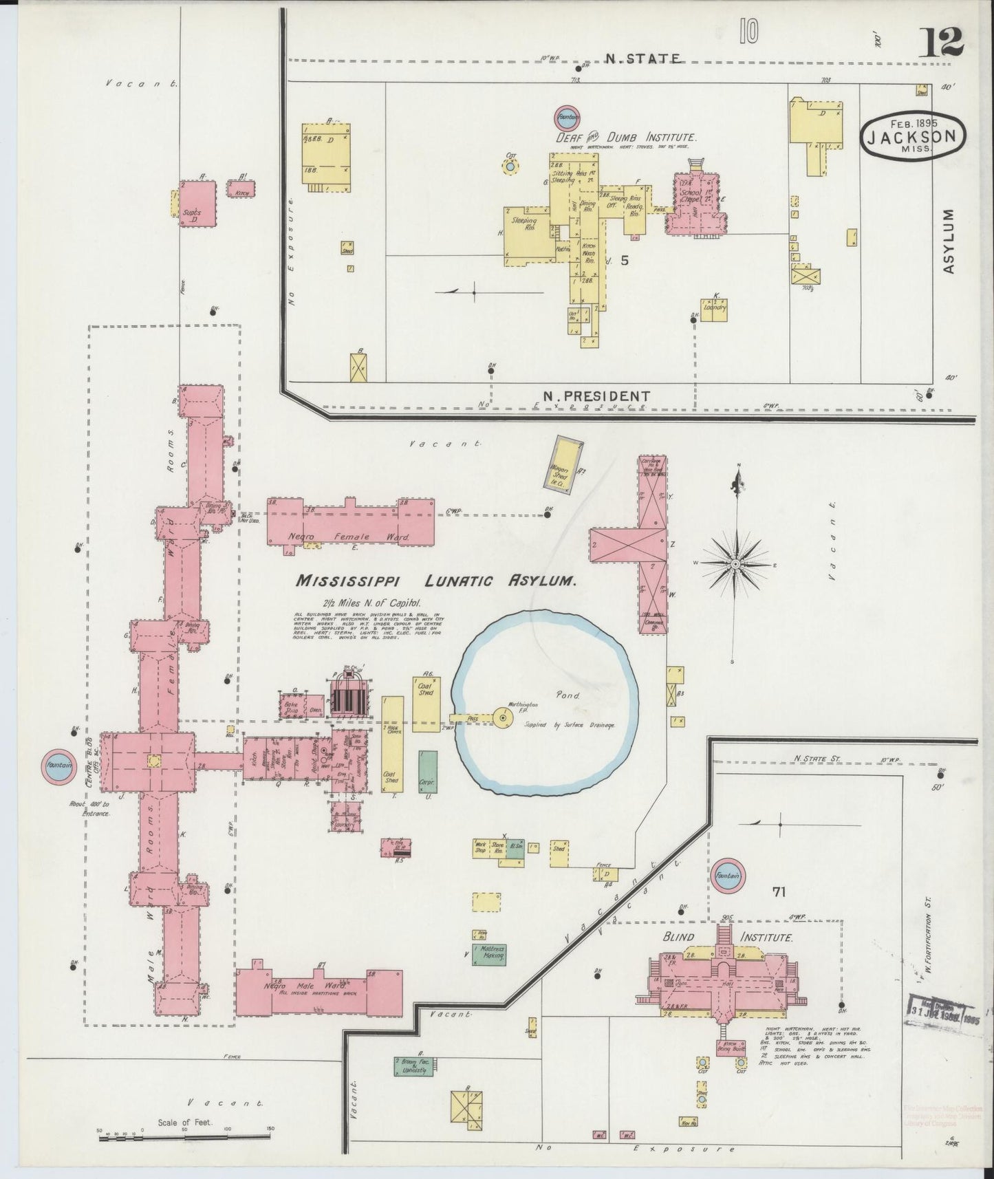 Sanborn Fire Insurance Map from Jackson, Hinds County, Mississippi (1895), Sheet #0012 - Historic Sanborn Fire Insurance Map Print, vintage old map wall art, antique decor, genealogy gift, Mississippi Mississippi map