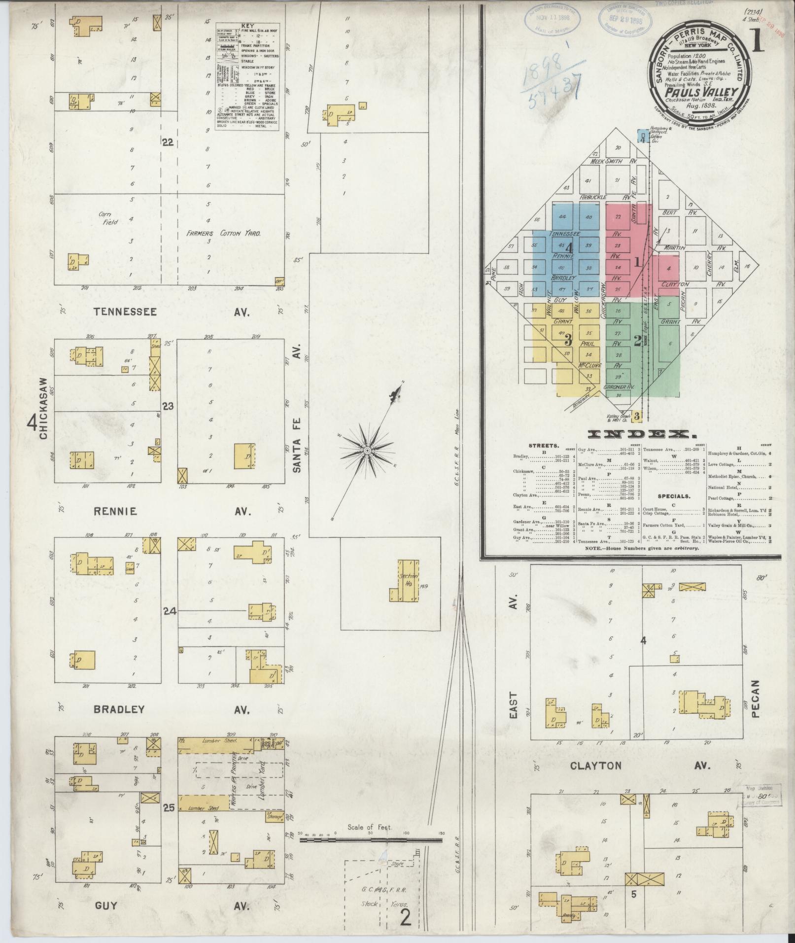 Sanborn Fire Insurance Map from Pauls Valley, Garvin County, Oklahoma (1898), Sheet #0001 - Historic Sanborn Fire Insurance Map Print, vintage old map wall art, antique decor, genealogy gift, Oklahoma Oklahoma map
