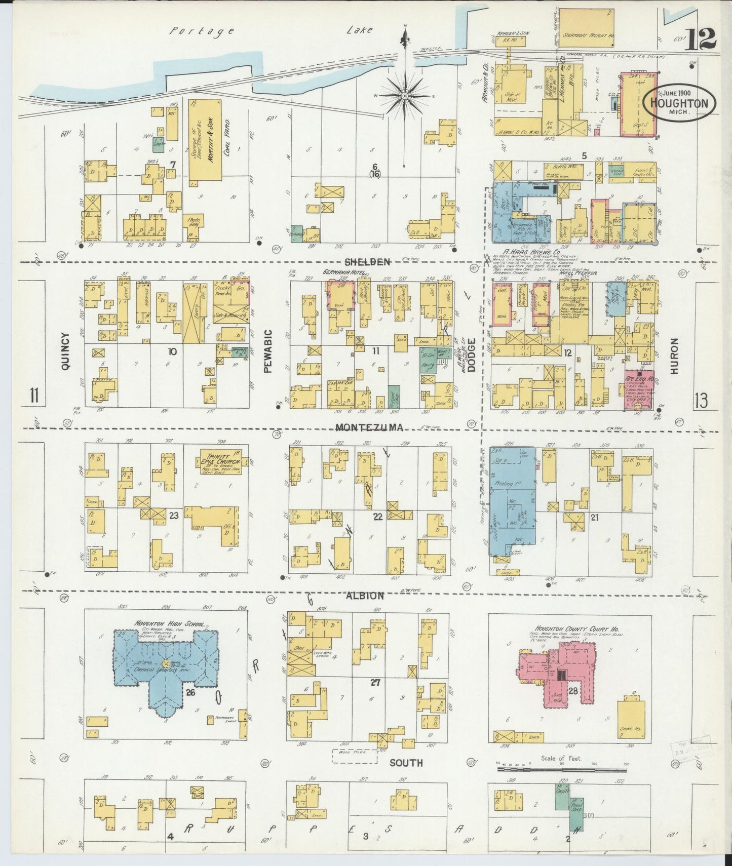 Sanborn Fire Insurance Map from Houghton, Houghton County, Michigan (1900), Sheet #0012 - Historic Sanborn Fire Insurance Map Print, vintage old map wall art, antique decor, genealogy gift, Michigan Michigan map