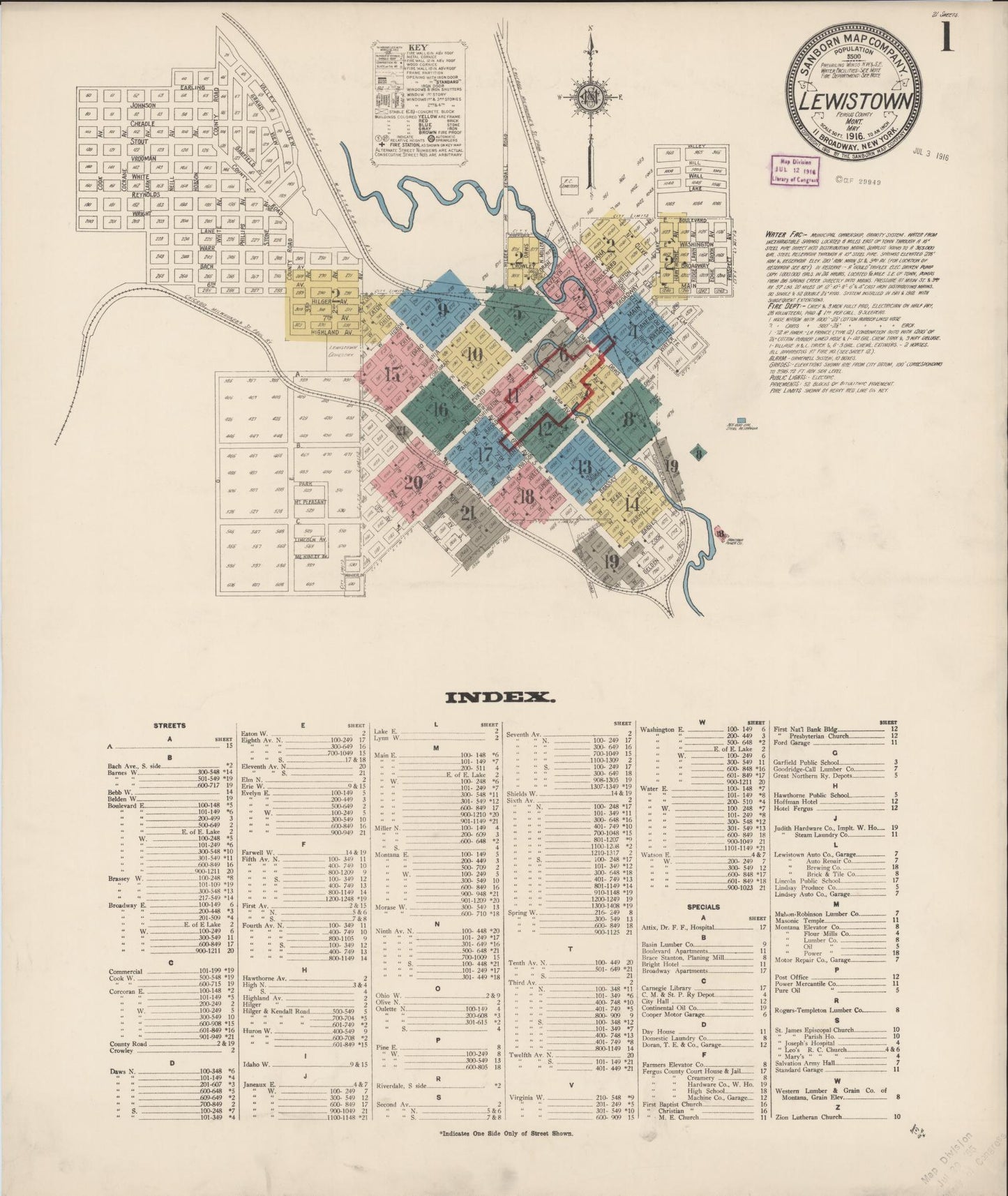 Sanborn Fire Insurance Map from Lewistown, Fergus County, Montana (1916), Sheet #0001 - Historic Sanborn Fire Insurance Map Print, vintage old map wall art, antique decor, genealogy gift, Montana Montana map