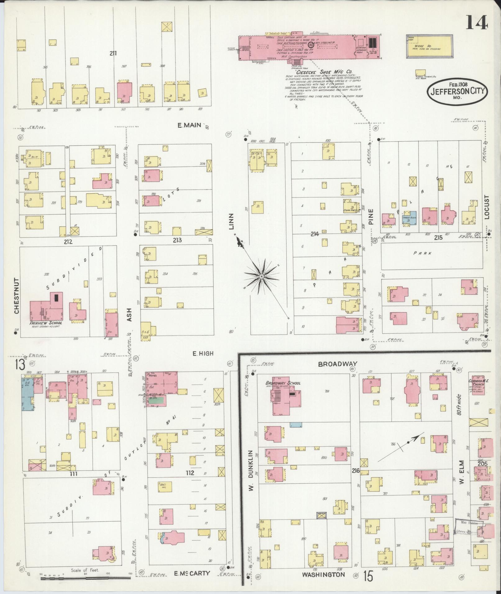 Sanborn Fire Insurance Map from Jefferson City, Cole County, Missouri (1908), Sheet #0014 - Historic Sanborn Fire Insurance Map Print, vintage old map wall art, antique decor, genealogy gift, Missouri Missouri map