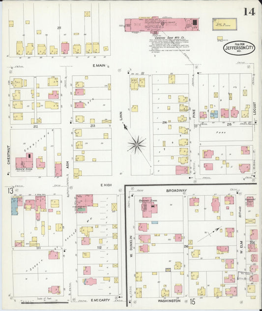 Sanborn Fire Insurance Map from Jefferson City, Cole County, Missouri (1908), Sheet #0014 - Historic Sanborn Fire Insurance Map Print, vintage old map wall art, antique decor, genealogy gift, Missouri Missouri map